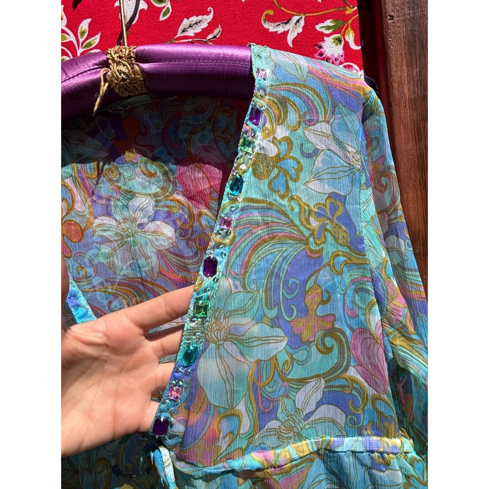 Turquoise Flare Sleeve Sheer Psychedelic Pastel Jeweled Babydoll Blouse - Picture 14 of 15